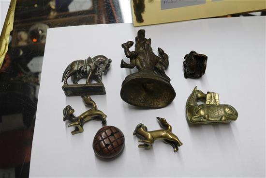 A Chinese bronze horse scroll weight and other bronze and figures
